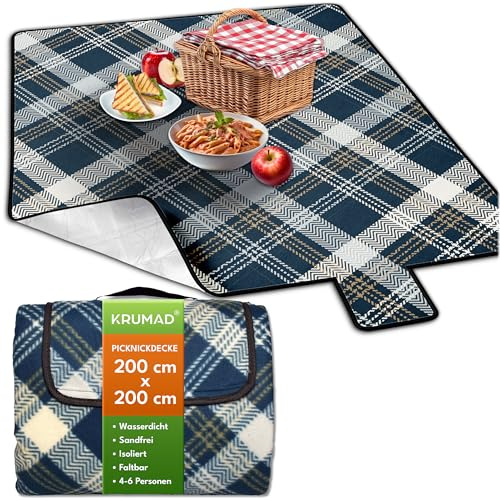 KRUMAD Coperta da picnic XXL 200x200 cm, impermeabile, isolata, pieghevole con manici, tappetino da picnic, spiaggia, campeggio, strato in alluminio, facile da pulire, all'aperto, blu navy e beige