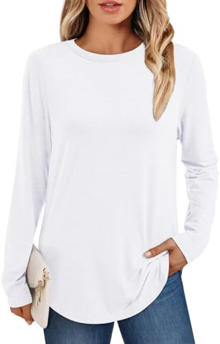 AirMood T-shirt casual da donna a manica lunga, semplice, scollo rotondo, vestibilità ampia, bianco, L