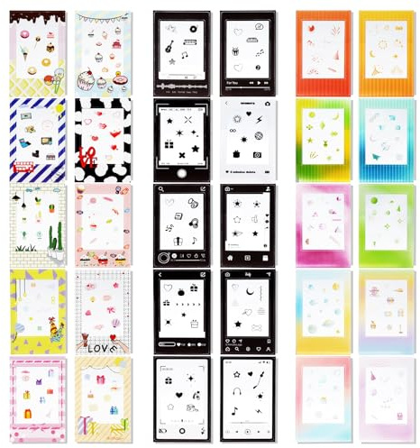 KQDRAVINE 30 Stück Fotorahmen Aufkleber Set, Foto-Bordürenaufkleber mit 3 Stilrichtungen & Cartoon-Deko, 10 Mini Holzklammern für Sofortbilder, Randaufkleber für Fujifilm Instax Mini Film Deko