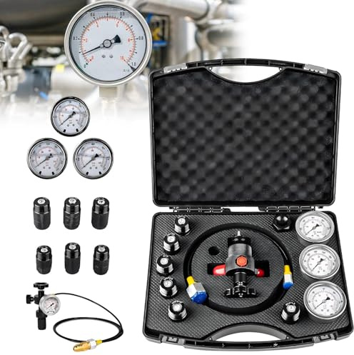 WUGMCNFBC Accumulatore Idraulico, Kit di riempimento di azoto, Kit di Prova della valvola del Gas, con 3 manometri (1500, 3500, 6000 PSI), 7 adattatori e Tubo del Gas per Il riempimento del Gas