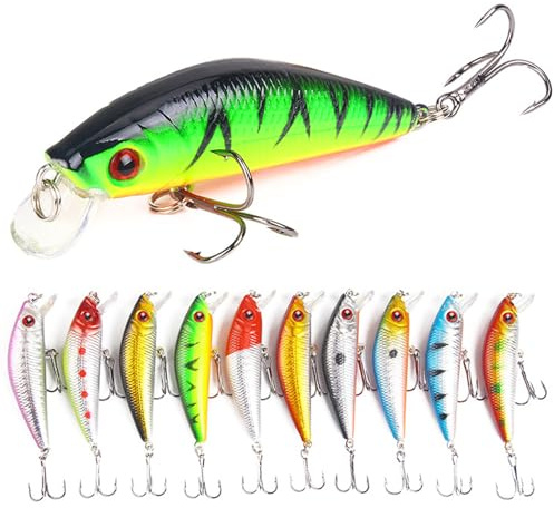 10 Piezas SeñUelo de Pesca, Pesca con Cebo Artificial, 8,5g | 7cm Cebo de Pescar, Cebo Realista, Hundimiento Biónico Bajo Cebos con Anzuelo Triple para Trucha, Perca, Lucio, Cacho, Lucioperca, ecc.(C)