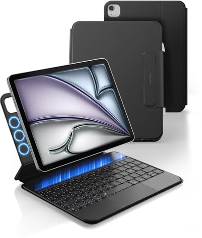Dexnor Clavier pour iPad Air 11 M3/M2 (2025/2024) & Air 5/4 10.9 (2022/2020), iPad Pro 11 4e/3e/2e/1re Gén, Magnétique Ultra-Mince Détachable avec Trackpad Rétro-éclairé Français AZERTY Noir