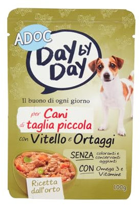 Adoc Day by Day, Alimento Umido Completo per Cani Adulti, Bocconcini con Vitello e Ortaggi, 24 Buste da 100 g, Ingredienti Naturali, Senza Conservanti e Coloranti