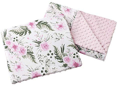 Medi Partners Babydecke Krabbeldecke mit Kissen 100% Baumwolle Minky Kinderdecke 55x75 + 35x30cm multifunktional für Kinderwagen Babyschale Wiege (Blument mit Hellrosa Minky)