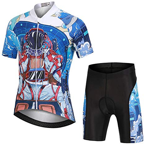 LSHEL Jersey Maillot de Cyclisme Dessin Animé Unisexe pour Enfants Ensemble de Cyclismes Vélo Manches Courtes + Short, Astronaut, 11-12ans/XL
