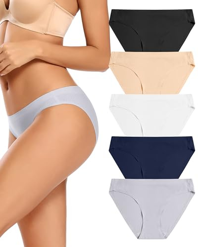 VOENXE Seamless Knickers Women,No Vpl Show Underwear,Invisible Bikini Pants | Breathable Ladies Brief Panties,Microfibre Stretch Sports Undies,Multipack Soft Comfortable Woman Gym Underpants,5 Pack