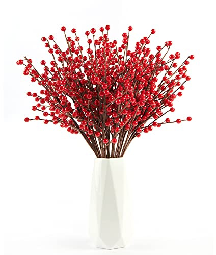 joyhalo 12 Pack Red Berry Stems - 17'' Holly Berry Stems, Red Berries Christmas Decor, Red Berry Picks for Christmas Tree Filler Branches, Artificial Cranberries Ornaments Crafts Holiday Home Decor