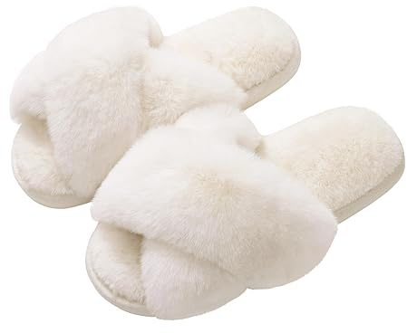 Evshine Women's Fluffy Slippers Cross Band Memory Foam House Slippers Open Toe, White Size 5-6