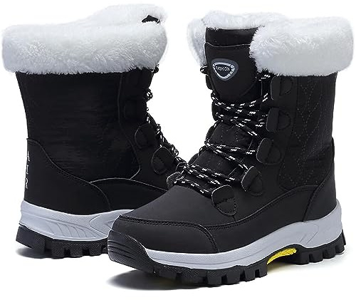 Maxome Snow Boots Womens Winter Boots Walking Ladies Waterproof Fur Lined Ankle Mid Calf Outdoor Women Walking Shoes Non-Slip Lightweight for Girls Booties Black