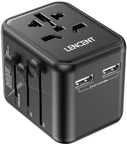 LENCENT Internationaler Reiseadapter mit UK/USA/EU/AUS-Stecker, Universal-Reiseadapter mit 2 USB-Anschlüssen, All-in-One Reisestecker Weltweit für über 200 Länder, Schwarz