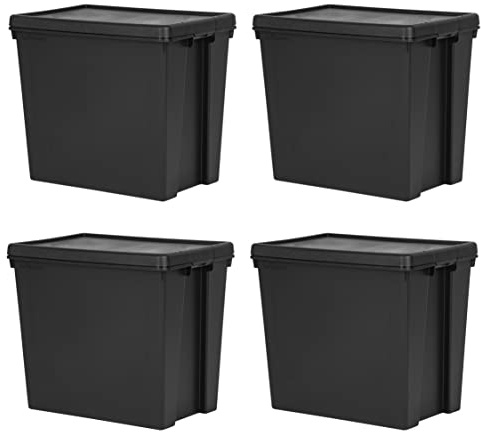(Set of 4) 92L 92 Litre Recycled Heavy Duty Super Strong Storage Boxes Containers With Secure Lid Boxes Storage Containers Organizing Basket For Home Office Storage (92 LITRE, Black Bam)