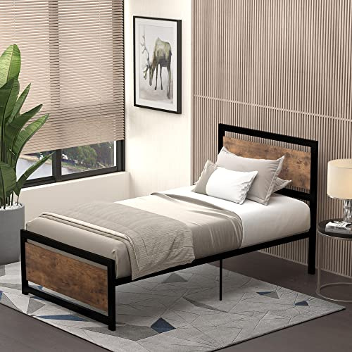 HOMCOM Cadre de lit en Acier lit Simple 97 x 195 x 103 cm Design Industriel - tête de lit, Pied de lit et sommier - Compatible Matelas 90 x 190 cm - Aspect Bois avec veinage, Brun Rustique