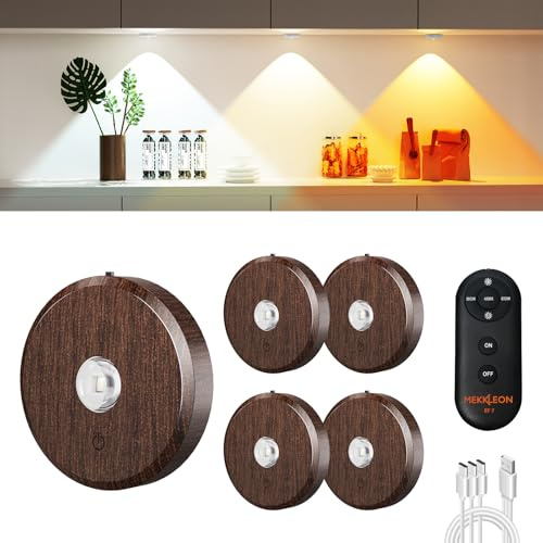 MEKKLEON Vitrinbelysning LED trådlös med fjärrkontroll, 2 000 mAh uppladdningsbara LED-spotlights batteri, 3 färgtemperaturer, dimbar, underskådebelysning, skåpbelysning, köksunderskåp (träfärg, 5 st)