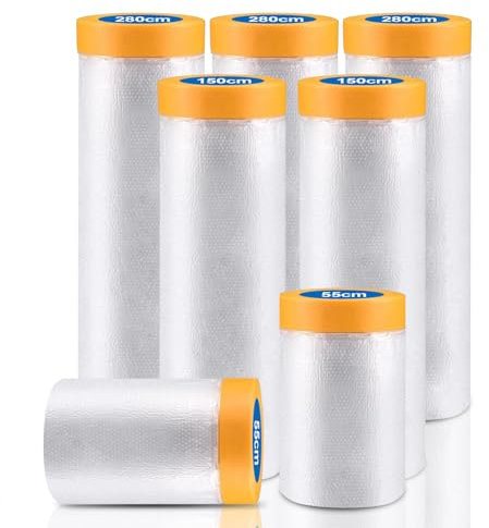 140m-7Rollen Abdeckfolie mit Klebeband,Malerfolie,3Größen Abklebeband mit Folie（280cm*20m,150cm*20m,55cm*20m）,Abdeckplane Malerarbeiten,Masking Master mit Goldband,Tape Malerkrepp zum Staubschutz