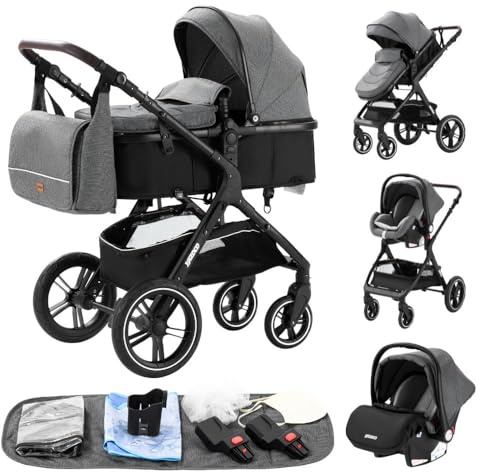 GLOKID passeggino trio 3 in 1, pieghevole, carrozzina reversibile fronte mamma e strada, sistema modulare con carrozzina per neonati, con borsa, zanzariera e parapioggia (PTV9 Kaki)