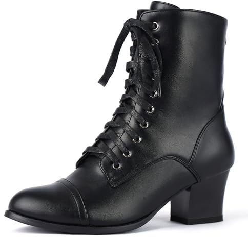 Pixoecuty Women's Victorian Ankle Boots Lace UP Boots For Women Booties Side Zipper Block Chunky Mid Heel Black US 9