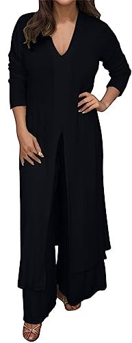 WWricotta Women's Casual Plus Size V Neck Long Sleeved Chiffon Shirt Beach Suit Slit Long Top + Trousers Suit Blouse Bottom Pantsuits Wedding Guest Black