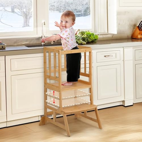 COSYLAND Höhenverstellbarer Lernturm ab 18 Monaten - Kinder Learning Tower-Lernturm für Küche und Kinderzimmer mit Kippschutz, rutschfesten Matten, 2 Stufen und Sicherheitsbügel, Bambus, Holzfarbe
