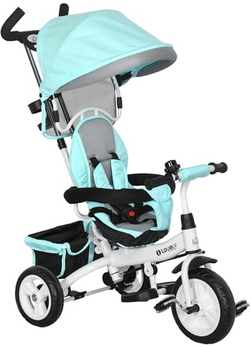 HOMCOM 6-in-1 Baby-Dreirad, skalierbar, Kinderwagen, mit Schiebegriff, abnehmbarem Baldachin, 5-Punkt-Sicherheitsgurt, Aufbewahrung, Fußstütze, Bremse, für Kinder von 1 bis 5 Jahren, Grün