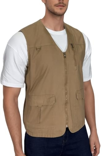 MeiLayM Gilet da Pesca Uomo Casual Sport Giubbotto Leggero Cotone Multi-Tasche Senza Maniche Asciugatura Rapida Lavoro Giubbino Safari Campeggio Gilet Cachi, XL