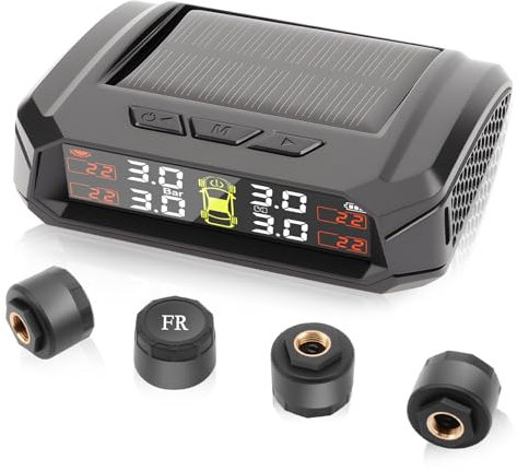 Avutrel TPMS Système de Surveillance de la Pression des Pneusà,Charge Solaire/USB, Alertes Habitacle & Température,Compatible Camping-Car/Berline/SUV/MPV/Remorque (4 Capteurs Externes,72 psi/5 Bar)