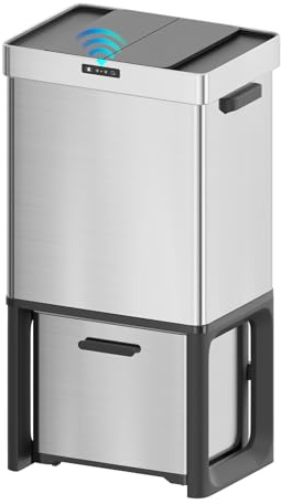 SolaceCove 19 Gal Kitchen Automatic Motion Sensor Trash Can with 2 Recycling Dustbin(13.2 Gal+5.8 Gal),Ozone Odor Control Stainless Steel Garbage Can with Slide-Open Lid