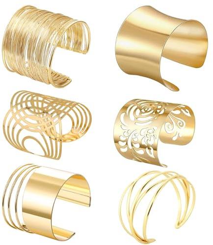 Hiuyavy Gold Bangle Wide, 6PCS Open Metal Wire Bracelet, Bangle Cuff Bracelets for Women, Gold Arm Cuff Bangle Bracelet Set for Women Girls
