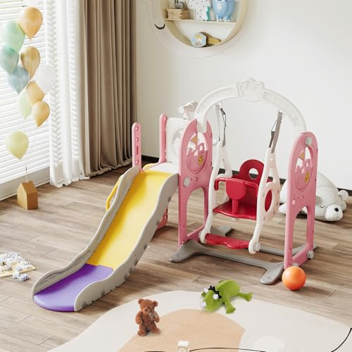 Tobogán infantil 4 en 1 con columpio y soporte de baloncesto, tobogán exterior e interior, juego de escalada independiente para niños pequeños, adecuado para jardín, hogar (rosa)