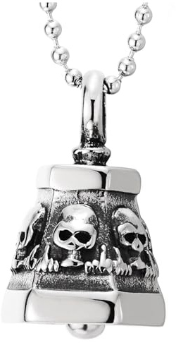 COOLSTEELANDBEYOND Collier Cloche Crâne Acier Homme Pendentif Gothique Punk Biker avec Chaîne Perles