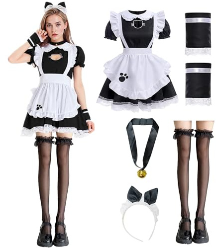 YushengTai Disfraz de criada en blanco y negro, para Navidad, Halloween, carnaval