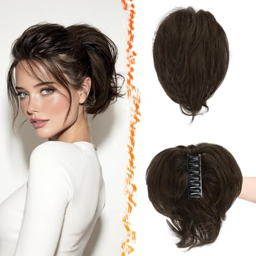 BARSDAR Corto Capelli Veri Coda di Cavallo Extension con Flessibili Metalli, 20cm Clip Artigli Capelli Veri Marrone Scuro Mix Messy Chignon Posticci per Donne Spessi Naturale Coda di Cavallo