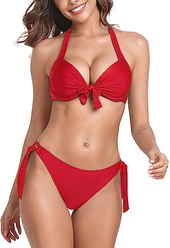 Ensemble de bikini push-up pour femmes Ocean Blues avec armature, haut à encolure halter et bas taille basse coquin avec liens réglables, Rouge, L