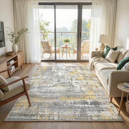 Klyvvo Abstracto Alfombra salón 160x230 cm, 0.85cm Pelo Corto Alfombra, 1200 g/m³ Poliéster, Lavable a máquina, Base Antideslizante de TPE,para dormitorios,comedores,Cuarto de Invitados,Gris&Dorado