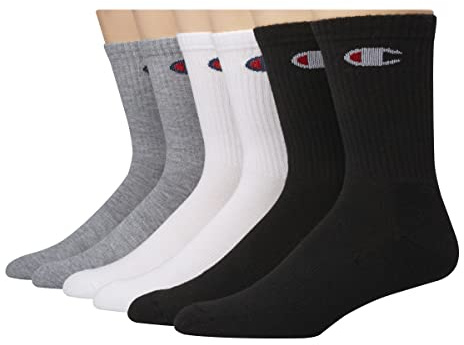 Double Dry Moisture Wicking Champion Logo 6 Pack Crew Socks Size 6-12