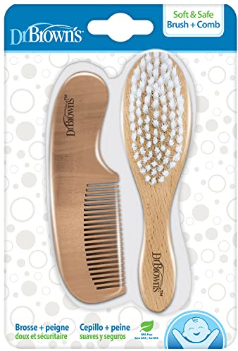 Dr. Brown’s Set de Cepillo y Peine de Madera para Bebés – Filamentos Suaves para Cuero Cabelludo Delicado – Ideal para el Aseo Diario y la Costra Láctea