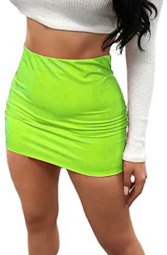 YILEEGOO Women's Skinny Faux Leather Wetlook Mini Skirts Sexy Shiny Metallic Stretchy Bodycon Pencil Skirts (Neon Green, S)