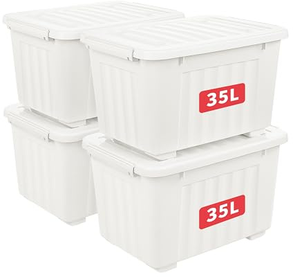 Cetomo 35L*4 Cajas de Almacenamiento con Tapas, Contenedores de Plástico con Ruedas, Clip On, Apilables, Encajables, Organizador Rayado para Oficina en Casa, Blanco, 35L-4 Pack