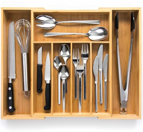 Budu Besticklåda #38 (djup 38 cm) av bambu – Lådor organisationssystem för Köket – Utdragbar – Justerbar - Köksdrawer Organisatör - Organizer för Bestick - Kitchen Drawer Organizer