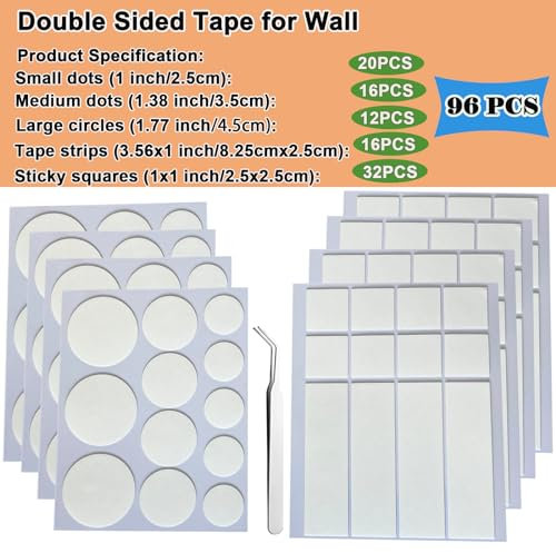 KAIHENG 96 nastri di montaggio, nastro biadesivo per parete, strisce per appendere quadri, quadrati di montaggio rimovibili, multiuso trasparente stucco adesivo per, decorazione, artigianato