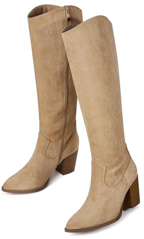 MeiLuSi Womens Knee High Fall Boots for Women 2025, Chunky Heel Slouchy Suede Tall Boots Side Zipper Size 7 Aprocot