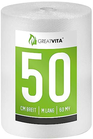 Luftpolsterfolie 2 Rollen - 0,5 x 50m (60my) | Premium Qualität - Ideal für Versand, Verpackung Umzug -Verpackungsmaterial | GreatVita