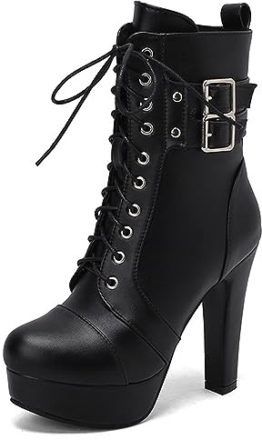 CRETUAO Botines de tacón Alto con Plataforma para Mujer,Botas de Combate con Punta Redonda y Cremallera Lateral de tacón Grueso Sexy,Botines de Cosplay Punk de Fiesta a la Moda,Black5,37 EU