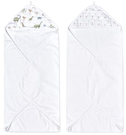 aden + anais Essentials Hooded Baby Bath Towel, Super Soft 100% Cotton, 2 Pack, Dino Jungle