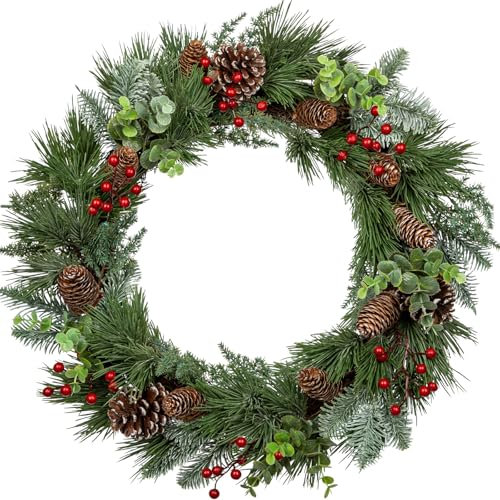 Hollyone 50cm Weihnachtskranz Türkranz Weihnachtsdeko, Haustürkranz mit Tannenzapfen Roten Beeren, Grüner Künstliche Kranz für Draußen Drinnen, Kamine, Fenster, Feiertagsdekoration