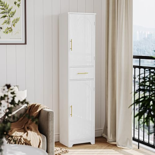 Hzuaneri Tall Bathroom Cabinet, Slim Storage Cabinet with1 Drawer and 2 Doors, Tall Narrow Cupboard with Adjustable Shelf, for Bathroom, Living Room, Hallway, 30 x 40 x 170 cm, White SC18303X