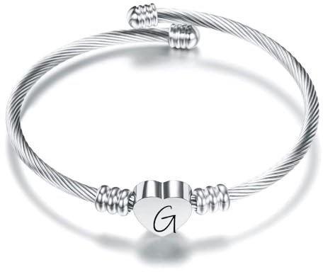 Suonie Argento Amore Cuore 26 Lettera Iniziale Alfabeto A-Z Polsino Bracciale Gioielli Regolabili Regalo Per Figlia Figlio Sorelle Amici Mamma Collega Amante Compleanno Natale (G)