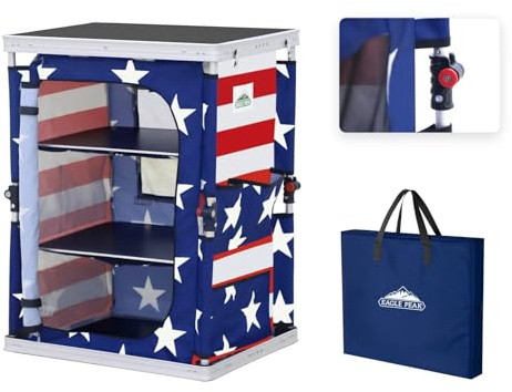 EAGLE PEAK Outdoor Folding Camping Table with Large 3-Tier Storage Organizer and Side Pockets, Easy Set Up Portable Aluminum Camping Kitchen, American Flag
