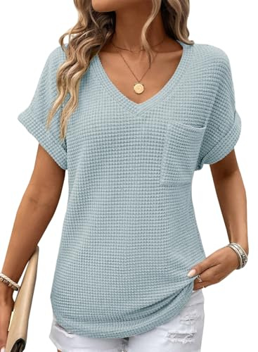Dokotoo Summer Cute Womens Tops Waffle Knit T Shirts for Women Fall Fashion Trendy 2026 Waffle Business Casual V Neck Short Sleeve Tops Cruise Outfits Shirts Basic Tee Iceland Blue