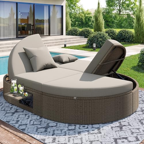 Trdlpyn Lettino doppio in rattan, sdraio da giardino con ripiano laterale, tavolo pieghevole per 2 persone, lettino relax da giardino, angolo regolabile