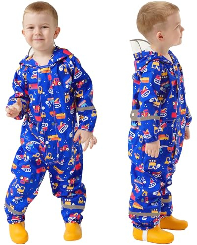 Fewlby Kids Puddle Suit All in One Waterproof Suit, Boys Rain Suit Waterproof Overalls Blue Cars Muddy Suit Girls One Piece Raincoat Hoodie Rainwear, 2-5 Years M Size